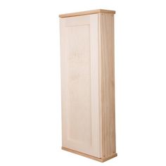 a tall wooden cabinet sitting on top of a white wall