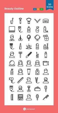 the beauty outline icon set is shown in black and white, with different types of hair products