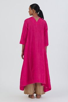 Fuchsia A-line kurta with embroidered placket and side asymmetric gathered panels. Comes with sequin, scalloped hem beige pant. - Aza Fashions Spring Pink Kurta With Cutdana, Pink Cutdana Kurta For Spring, A Line Kurta, Beige Pants, Scalloped Hem, Fashion App, Embroidered Silk, Three Quarter, Aza Fashion