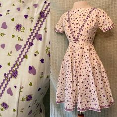 "Era: late 50s/early 60s Brand/maker: unlabeled, possibly homemade Fabric content: assumed cotton or possibly a cotton blend Condition: excellent, small faint spot on skirt, not noticeable, see photos. This item is washed and ready to wear. Fits like: x small Chest: 31/32\" Waist: 24\" Hip: 56\" Length: 33\" Shoulder to waist: 12\" Please contact me with any questions and take a look at my other items!" Retro Cotton Vintage Dress For Daywear, Spring Vintage Fitted Cotton Dress, Fitted Cotton Vintage Dress For Spring, Spring Vintage Cotton Fitted Dress, Fitted Cotton Vintage Dress For Daywear, Retro Cotton Vintage Dress With Vintage Pattern, Fitted Cotton Vintage Dress For Garden Party, Cotton A-line Vintage Dress, Fitted Vintage Cotton Dress With Floral Print