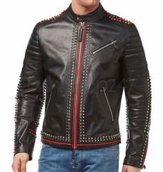 New Handmade Men Black Silver Studded Red Piping Punk Zipper Fashion Leather Jacket on Storenvy Leather Jacket Details, Fashion Leather Jacket, Philip Plein, Punk Jacket, Crew Neck Sweater Men, Motorbike Jackets, Studded Leather Jacket, Zipper Fashion, Leather Coat Jacket