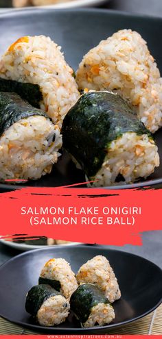 salmon flake onigiri and salmon rice ball in a black plate with text overlay