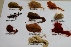 various spices and seasonings on top of a piece of paper