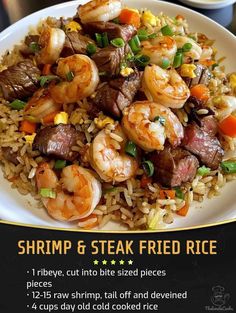 shrimp and steak fried rice on a white plate