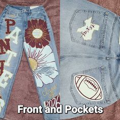 two pairs of jean pants with flowers on them and the words, frontier and pockets