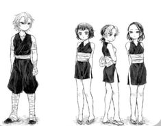 three anime characters standing next to each other in black and white outfits, one wearing a dress