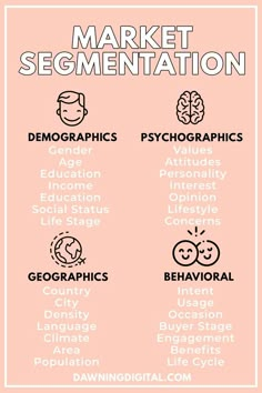 a pink poster with the words market segmentation and other related items in black on it