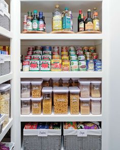 an organized pantry filled with lots of food