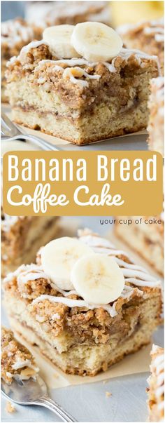 banana bread coffee cake with icing and sliced bananas