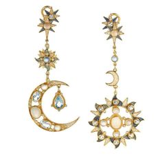 Percossi Papi | Sun and Moon Earrings in Blue Topaz and Moonstone Sun And Moon Earrings, Blue Sapphire Jewelry, Sun Earrings, Blue Topaz Jewelry, Accessories Gold, Topaz Jewelry, Gold Jewelry Earrings, Blue Topaz Earrings, Green Jewelry