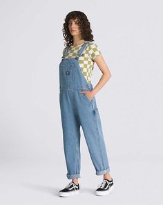 Utility Denim Blue Cotton Shortalls, Utility Style Dark Wash Cotton Overalls, Utility Denim Overalls With Side Pockets, Denim Overalls With Patch Pockets, Utility Style Medium Wash Cotton Shortalls, Utility Denim Blue Overalls With Side Pockets, Utility Style Cotton Shortalls In Medium Wash, Utility Denim Shortalls With Side Pockets, Fall Utility Denim Overalls