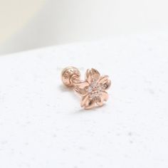 14K 18K Solid Gold Genuine Natural Diamond Accent Flower Ear Stud, Cartilage, Tragus, Helix, Conch, Rose Gold 14k Flower Earrings For Wedding, Rose Gold Single Cartilage Earring For Wedding, Wedding Rose Gold Cartilage Earrings, Dainty Rose Gold Cartilage Earrings For Wedding, Cherry Blossom Flower, Flower Ear, Lobe Piercing, Gauged Earrings, Tiny Earrings