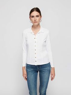 Your classic, collared button up with front seams for a flattering touch. Keep it buttoned for a perfectly polished look, or let a few loose when those happy hour plans happen… (This one comes in Optic White.) | Women's Jarah Top in Optic White | Ethical Essentials Fitted Collared Timeless Top, Fitted Timeless Collared Top, Fall Button-up Tops With Hidden Button Closure, Timeless Fitted Collared Top, Timeless Button-up Tops With Placket, Chic Single Breasted Tops For Business Casual, Timeless Fall Button-up Tops, Timeless Button-up Top With Hidden Buttons, Timeless Collared Shirt For Fall