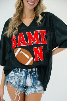 GAME ON BLACK JERSEY WITH RED VARSITY gameday23 Judith March SMALL Black Varsity Jersey For Team Events, Collegiate Jersey With Letter Print For Football Season, Varsity Jersey With Team Logo For Game Day, Black Sports Fan Jersey For Fan Gear, Black Sports Fan Jersey, College Football Season Jersey With Letter Print, Black Fan Apparel Jersey For Game Day, Black Sports Season Jersey For Fan Gear, Black Jersey For Sports Season Fan Gear