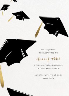 graduation caps and tassels are flying in the air on white paper with gold foil