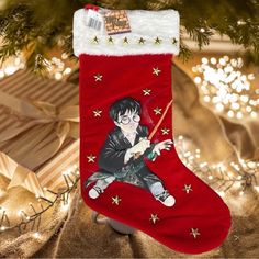 a christmas stocking with an image of harry potter on it