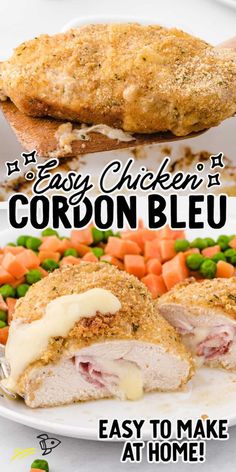 chicken cordon bleu recipe on a plate with carrots and peas