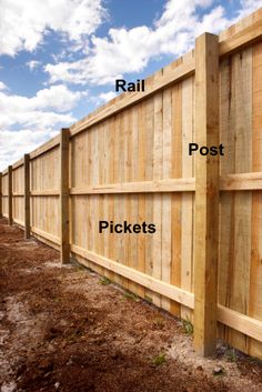 a wooden fence with the words rail post and pickets