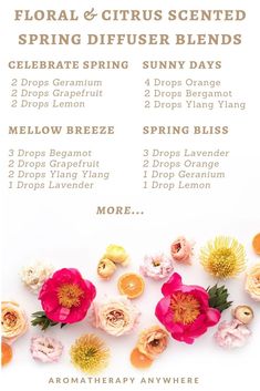 Spring Diffuser Blends: Fill Your Home With The Scents Of Spring - Aromatherapy Anywhere Fresh Scent Essential Oil Blends, Scent Combinations Fragrance, Fresh Essential Oil Blends, Candle Scents Recipes Fragrance, Candle Scent Combinations Essential Oils, Essential Oil Combinations For Candles, Candle Fragrance Blends, Flower Diffuser Blends, Floral Oil Blends