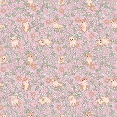 a pink and green floral pattern with small teddy bears on it's back ground