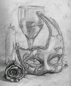 a pencil drawing of a mask and candle