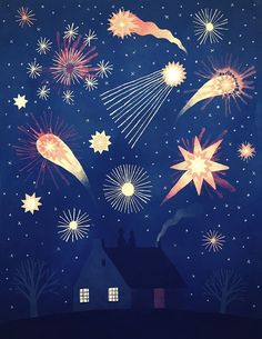 an image of fireworks and stars in the sky above a house with a cat on it