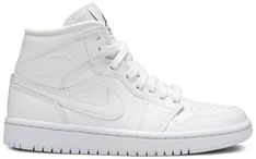 The Women’s Air Jordan 1 Mid ??White Snakeskin?? is a women’s exclusive edition of Michael Jordan’s first signature shoe in a luxurious white monochromatic colorway. Versatile in every sense of the word . the ??White Snakeskin?? is dressed in an all-over white leather faux snakeskin construction. The Swoosh and ??Wings?? branding on the mid-panel and collar . respectively . feature the upscale design . as well. Additional details include black Jumpman and ??Air?? branding on th Air Jordan 1 Mid White, Jordan 1 Mid White, Wmns Air Jordan 1, Jordan Ones, Jordan 8, Womens Air Jordans, Jordan 2, Air Jordan Sneakers, Kids Jordans