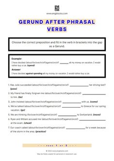 #english #englishgrammar #gerund #phrasalverbs #esl #eslworksheet #gerundworksheet #engblocks #eslwebsite Verbs Esl, Verb Worksheets, Phrasal Verbs, Spring Vacation, Driving Test