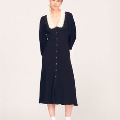 Sandro Long Sleeve Dorothy Midi Shirt Noir Dress Women's Size 38 Nwt Brand: Sandro Color: Noir Oversized Collar Long Blouson Sleeves Front Button Closures Please Note That This Dress Will Be Delivered With A Black B-Tag Attached, With Instructions For Removal Included 54% Viscose/43% Polyamide/3% Elastane B30823 Classic Collared Winter Dress, Black Collared Midi Dress For Daywear, Classic Black Midi Dress For Daywear, Chic Collared Midi Dress For Winter, Classic Black Winter Dress, Oversized Collar, Black B, Long Knit, Long Sleeve Midi