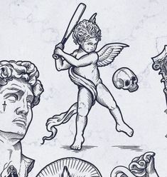 an old fashioned drawing of angels with bats and skulls on the side, one holding a baseball bat