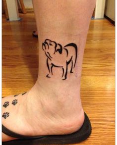 a person with a dog's paw tattoo on their foot, and an image of a bulldog