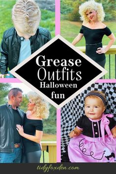 some people are dressed up for halloween and one is wearing a costume that says grease outfits