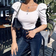 Lasaky - Short-Sleeved Blouse with Simple Square Neckline and Puff Sleeves Square Neck Puff Sleeve Top, Puff Sleeves Blouse, Bubble Sleeve Top, Gorgeous Blouses, Puff Sleeve Crop Top, Plain Blouse, Blouse Short Sleeve, Bubble Sleeve, Simple Chic