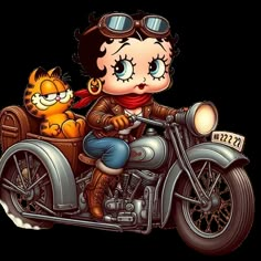 a woman riding on the back of a motorcycle with a cat sitting in the sidecar