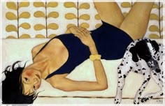 a painting of a woman laying on a bed next to a dalmatian dog