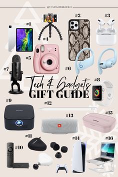 the tech and gadgets gift guide is displayed in front of a white background with various electronics