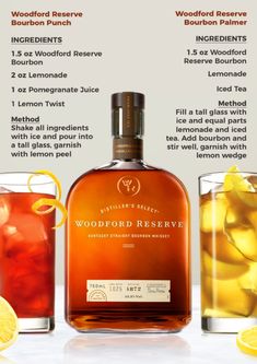 a bottle of woodford reserve with two glasses filled with lemonade and one glass full of tea