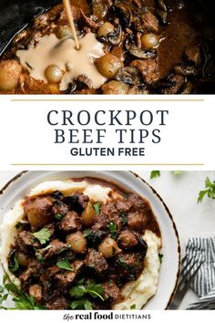 crockpot beef tips with potatoes and gravy on top