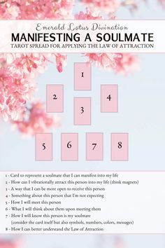 a pink flowered tree with the words, meaning and instructions for manifesting a soulmate tarot spread for applying the law of attraction