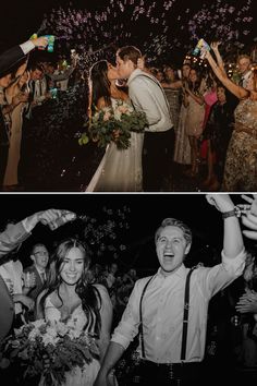 two photos side by side with people celebrating and confetti being thrown in the air