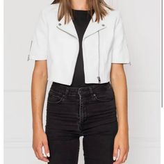 100% Leather Cropped Leather Moto Jacket With Short Sleeves. White Short Leather Jacket, White Leather Jacket, Leather Moto, Leather Moto Jacket, Cropped Jacket, Crop Jacket, Moto Jacket, White Leather, Genuine Leather