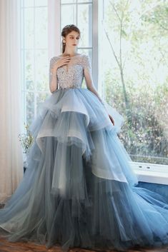 Enchanted Evening Tulle Gown with Crystal Embellishment Winter Wedding Venues, Blue Formal Dress, Gown Blue, Ruffle Beading, Tulle Sleeves, Long Prom Gowns, Blue Dress Formal, Blue Wedding Dresses, Tulle Gown