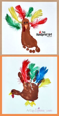 two pictures of different colored feathers and one has a turkey on it with the words, using feathers fun handprint art