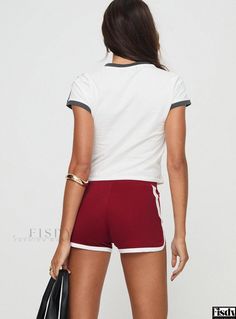 Fisdy - Enchanting Red Shorts Treats Short Length Red Cotton Tops, Red Short-sleeved Summer Tops, Short Red Summer Tops, Red Short Tops For Summer, Red Short Summer Tops, Red Casual Short Length Bottoms, Red Fitted Casual Athletic Shorts, Casual Red Fitted Athletic Shorts, Red High-waisted Athletic Shorts