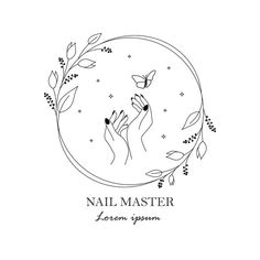 the logo for nail master with two hands holding flowers and leaves in a circle on a white background