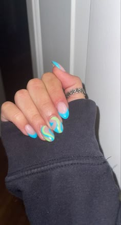 Gel X Nail Spring Designs, Colorful Bright Nails, Bright Summer Nails Almond Shape, Preppy Nails Acrylic, Summer Dip Nails, Summer Dip, Teal Nails