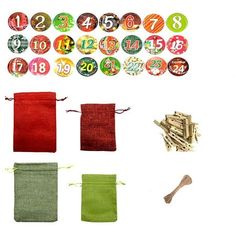 the contents of an assortment of items displayed on a white background, including red and green bags