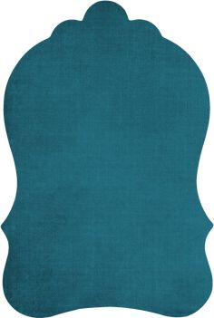 a teal rug with an ornate design on the front and back side, in two different colors