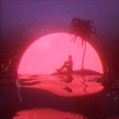 a person sitting on a surfboard in front of a pink sun with palm trees