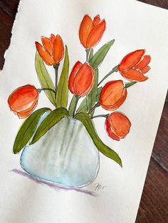 a drawing of orange tulips in a white vase on a wooden table top